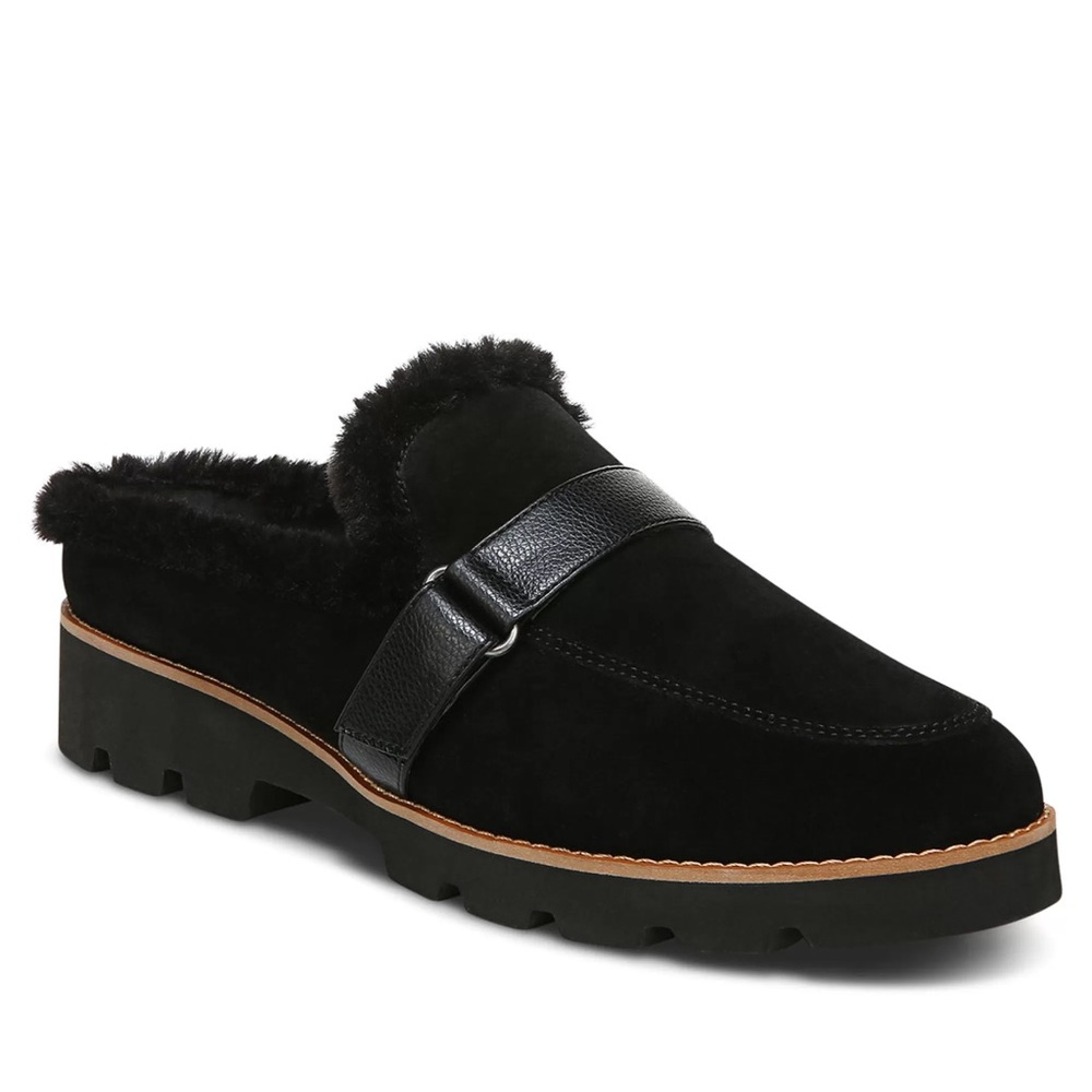 Vionic Kailen Black Suede Faux Fur Slip On Mules Women’s 10